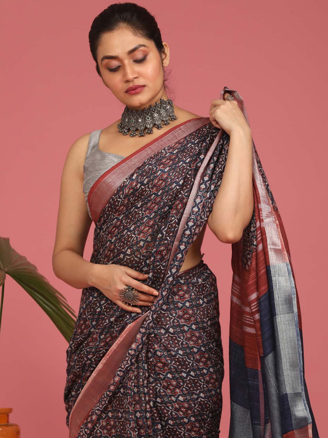 Indethnic Blue Liva Printed Saree - View 1