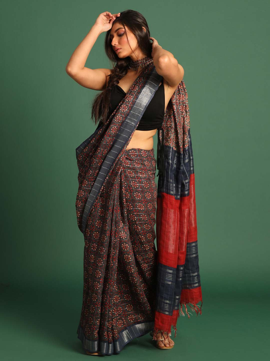 Indethnic Blue Liva Printed Saree - View 2