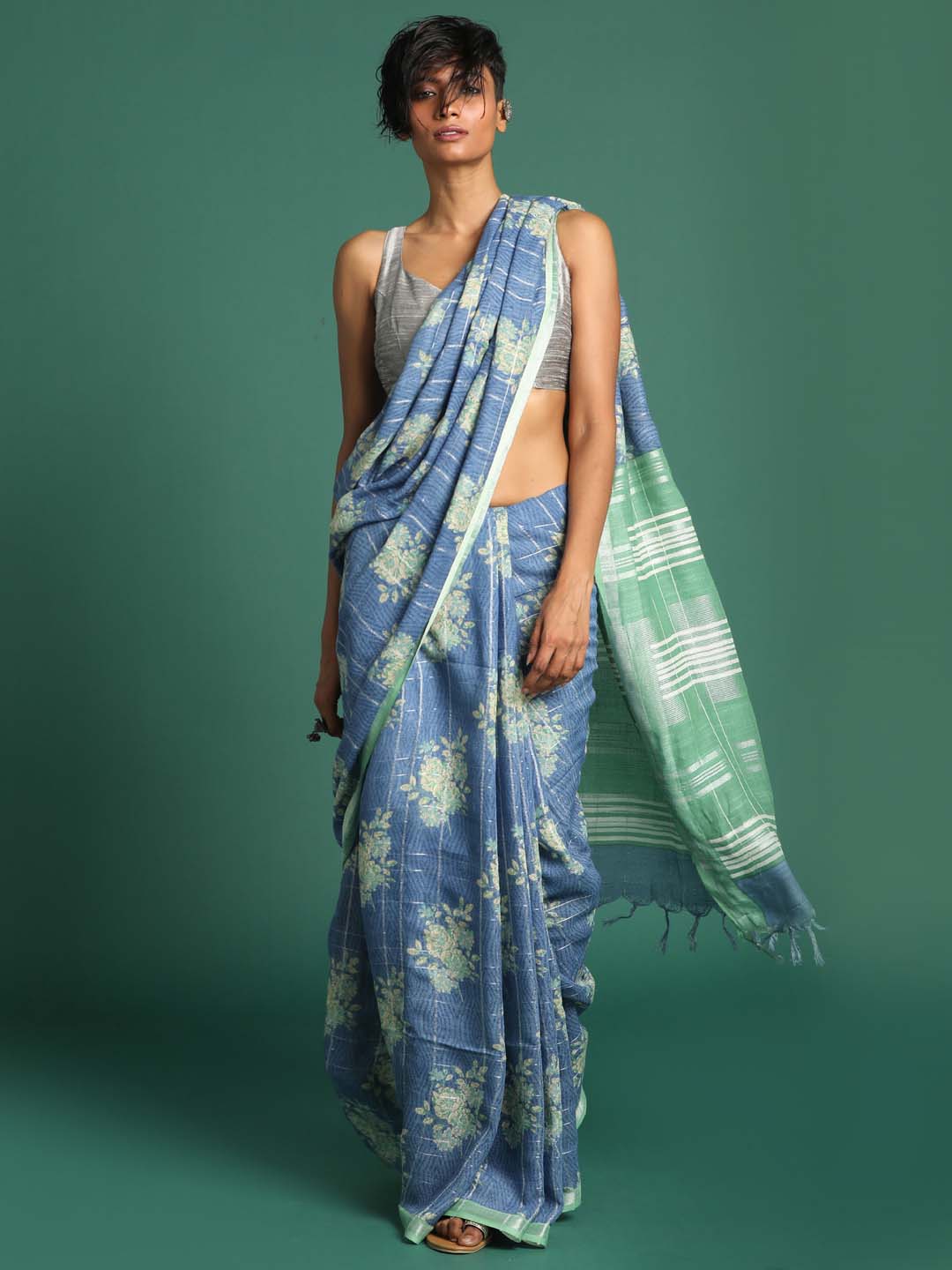 Indethnic Blue Liva Printed Saree - View 2