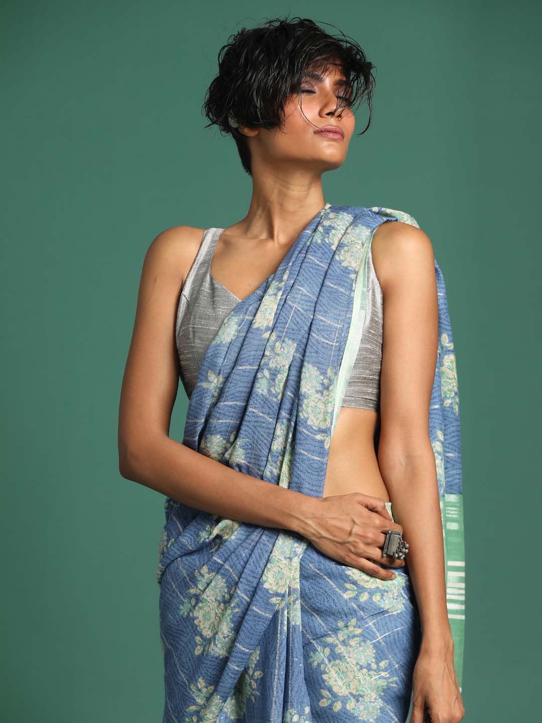 Indethnic Blue Liva Printed Saree - View 1