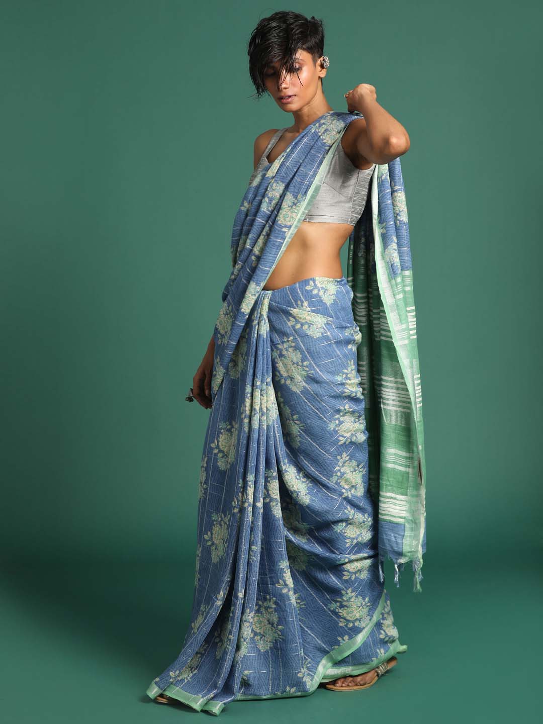 Indethnic Blue Liva Printed Saree - View 3