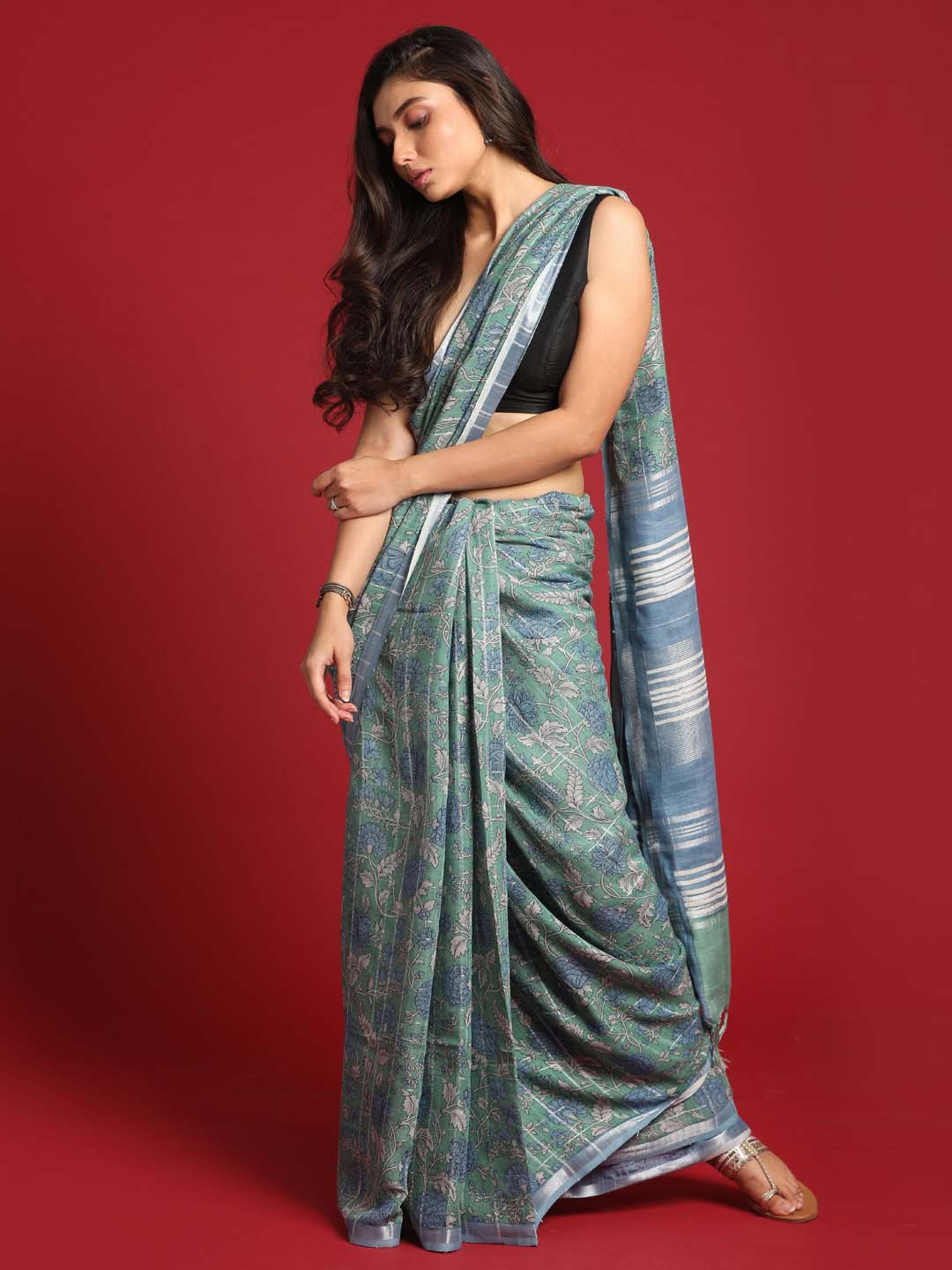 Indethnic Blue Liva Printed Saree - View 2