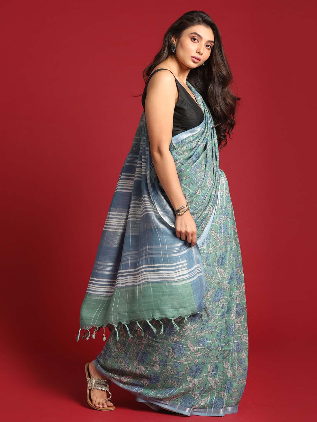 Indethnic Blue Liva Printed Saree - View 3