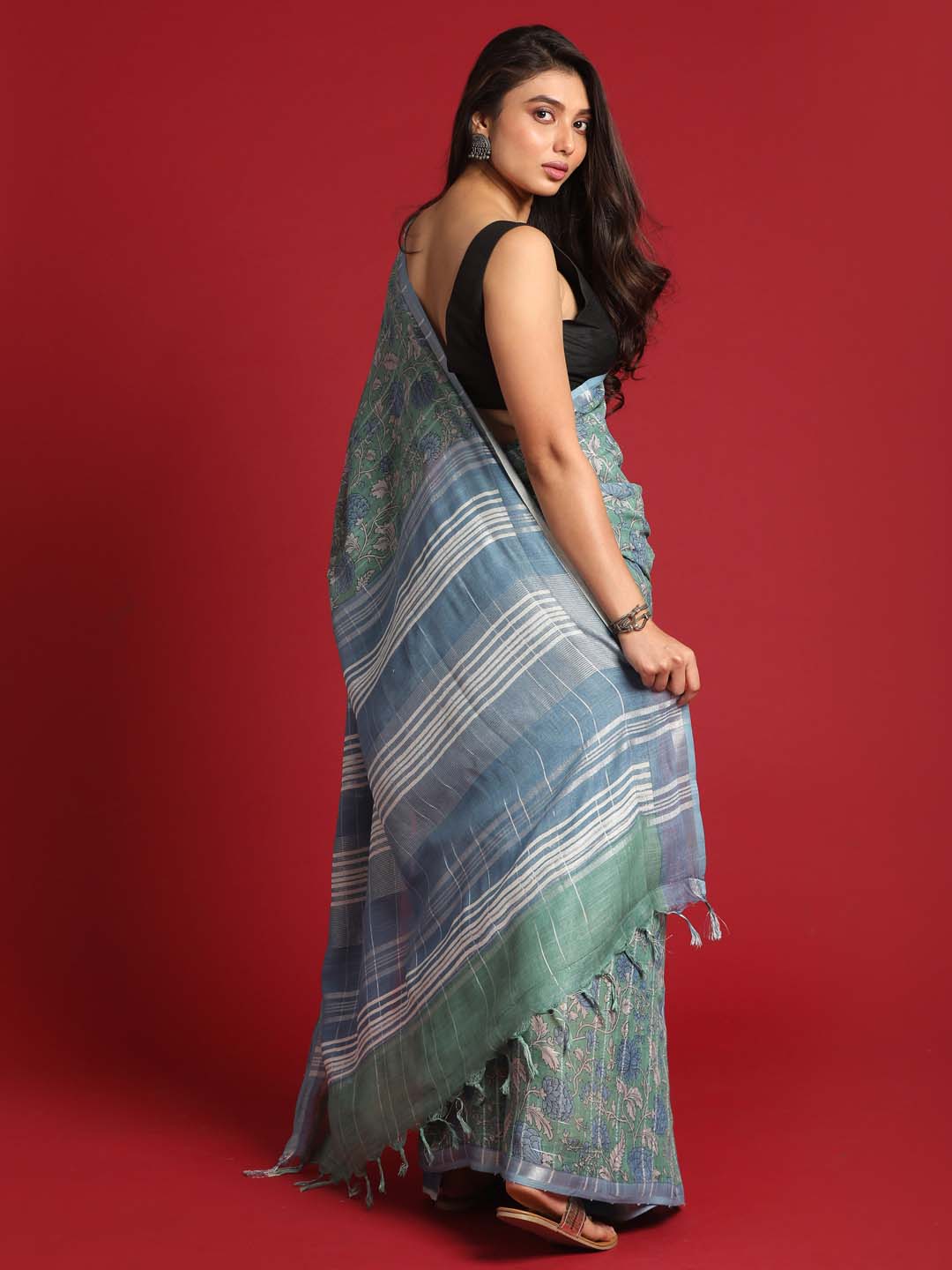 Indethnic Blue Liva Printed Saree - View 3