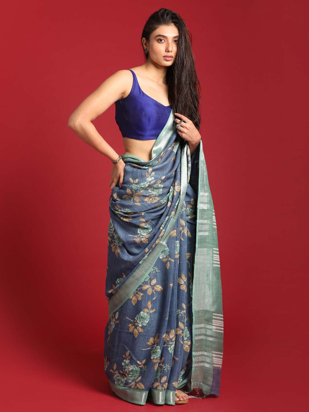 Indethnic Blue Liva Printed Saree - View 2