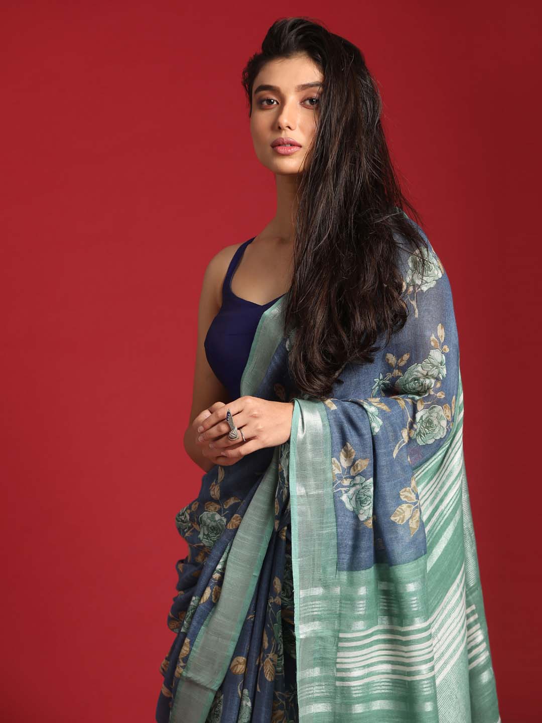 Indethnic Blue Liva Printed Saree - View 1