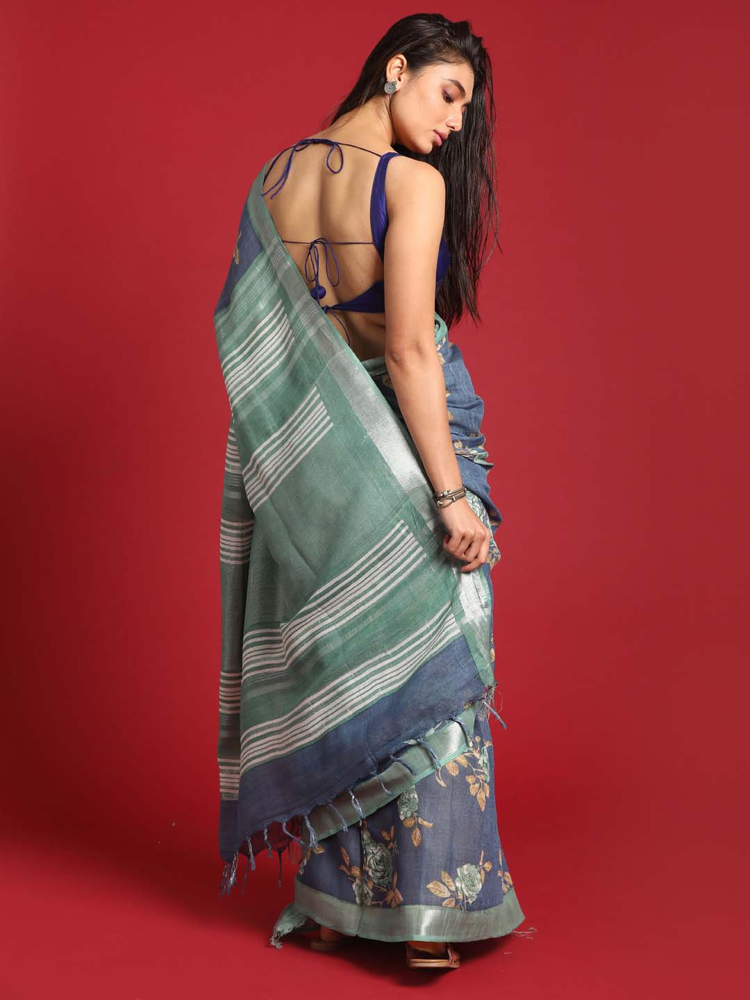 Indethnic Blue Liva Printed Saree - View 3