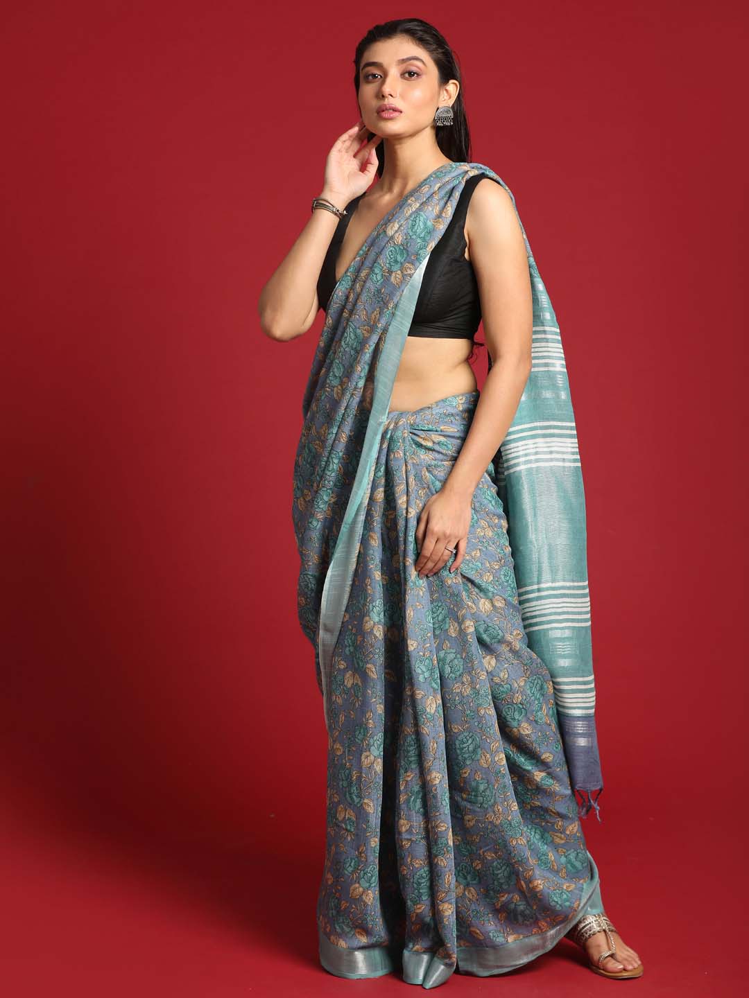 Indethnic Blue Liva Printed Saree - View 2