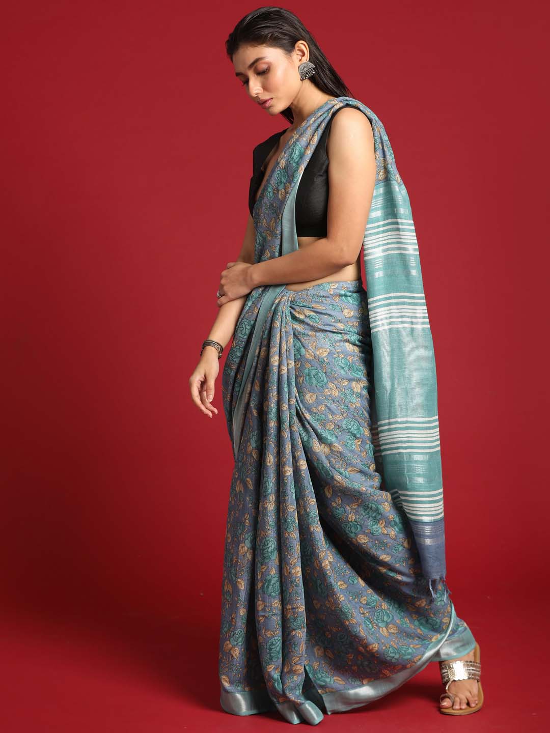 Indethnic Blue Liva Printed Saree - View 3