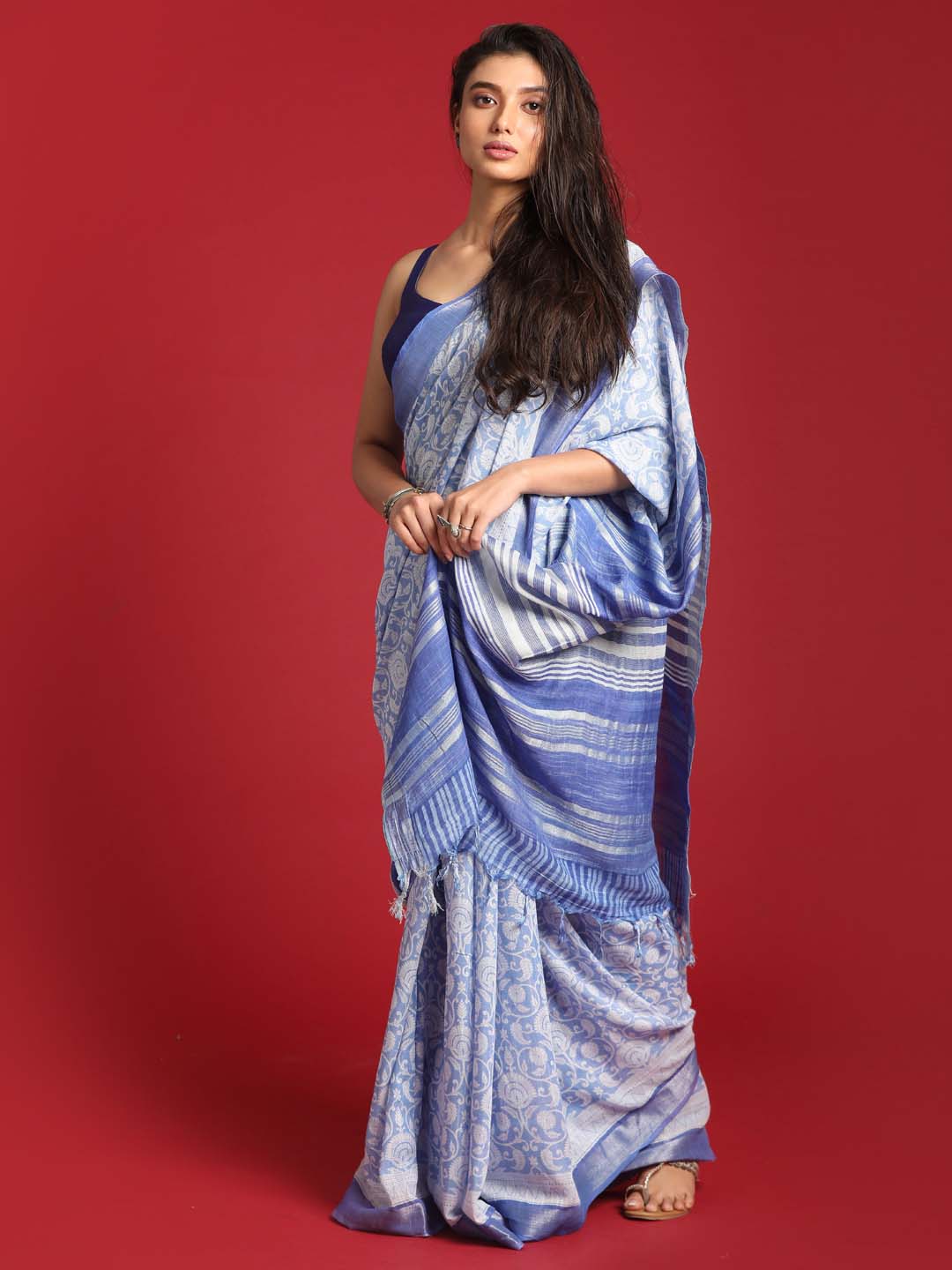 Indethnic Blue Liva Printed Saree - View 3