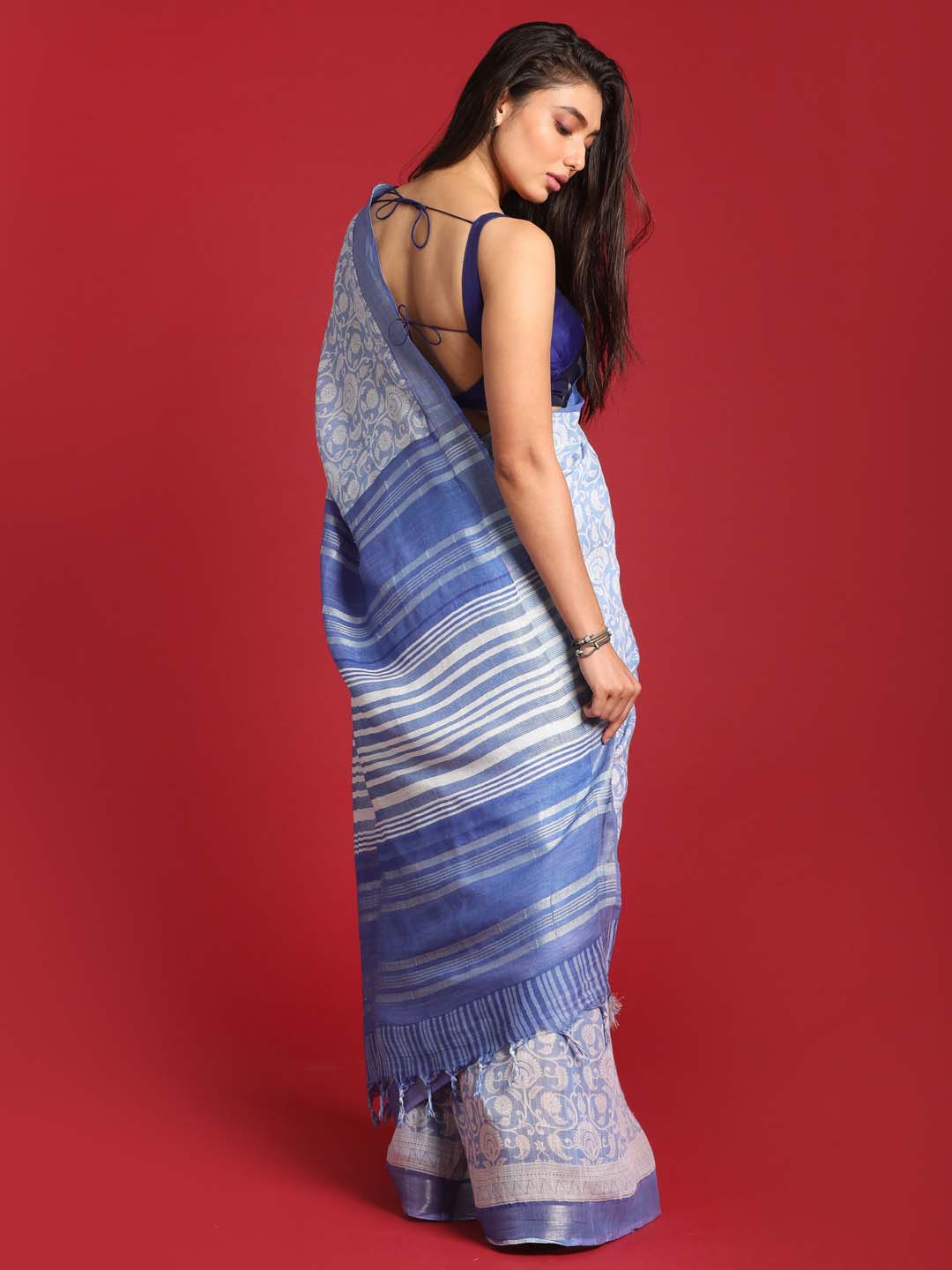 Indethnic Blue Liva Printed Saree - View 3