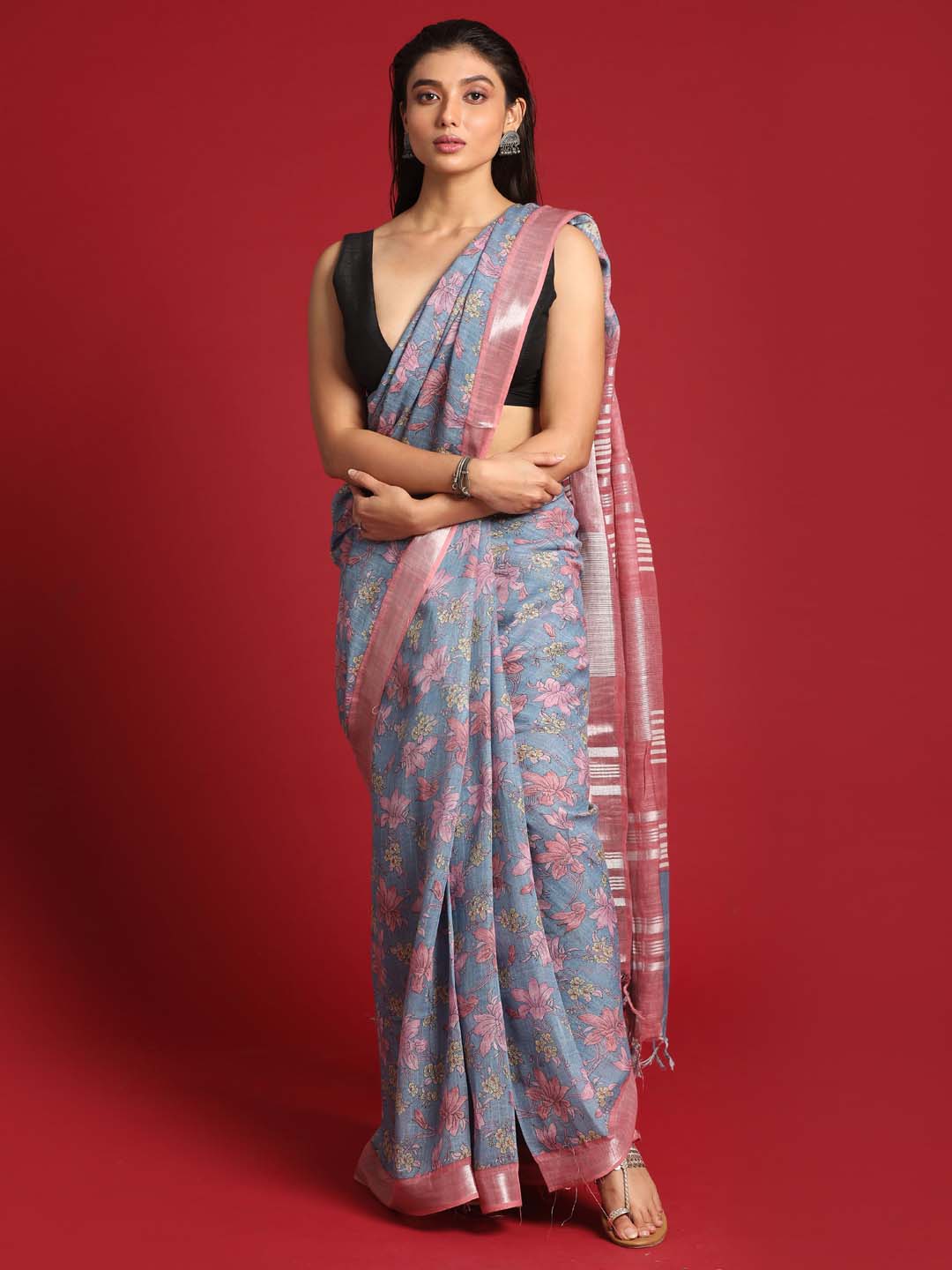 Indethnic Blue Liva Printed Saree - View 2