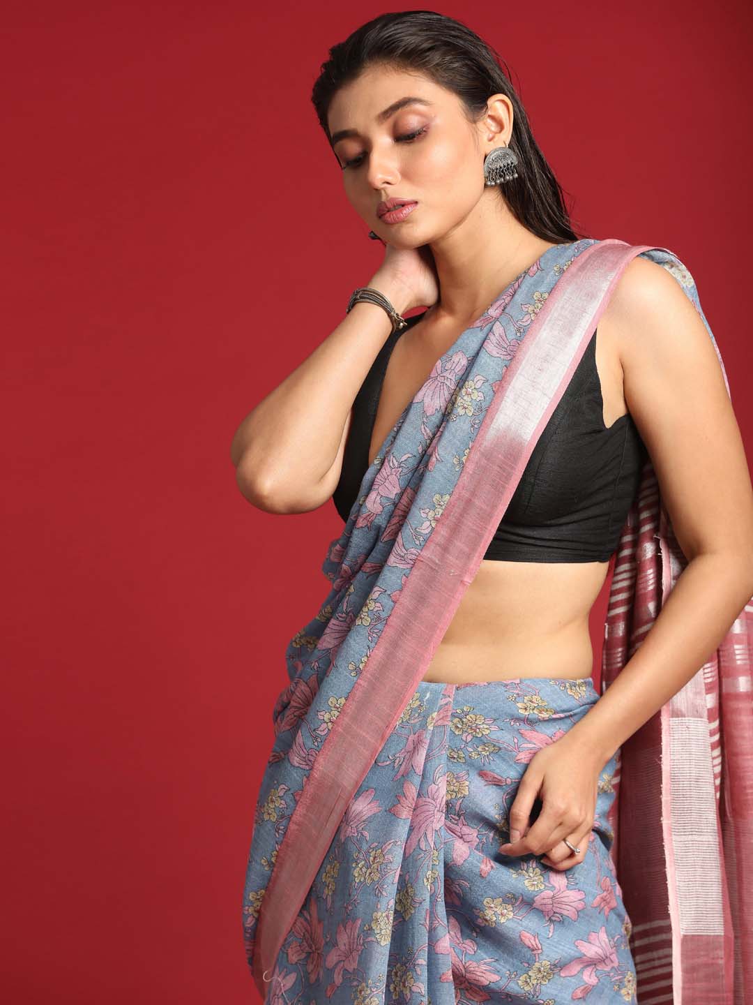 Indethnic Blue Liva Printed Saree - View 1