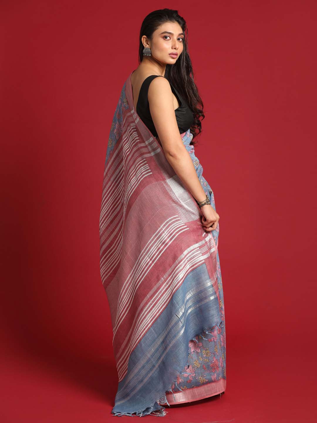 Indethnic Blue Liva Printed Saree - View 3