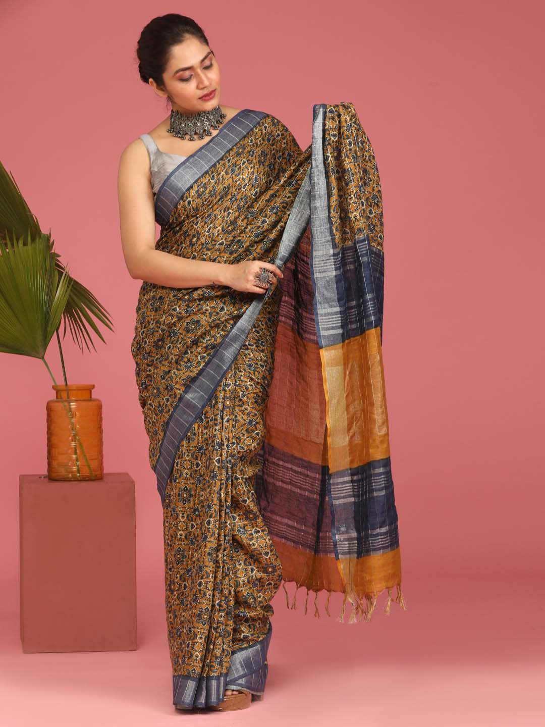 Indethnic Brown Liva Printed Saree - View 2