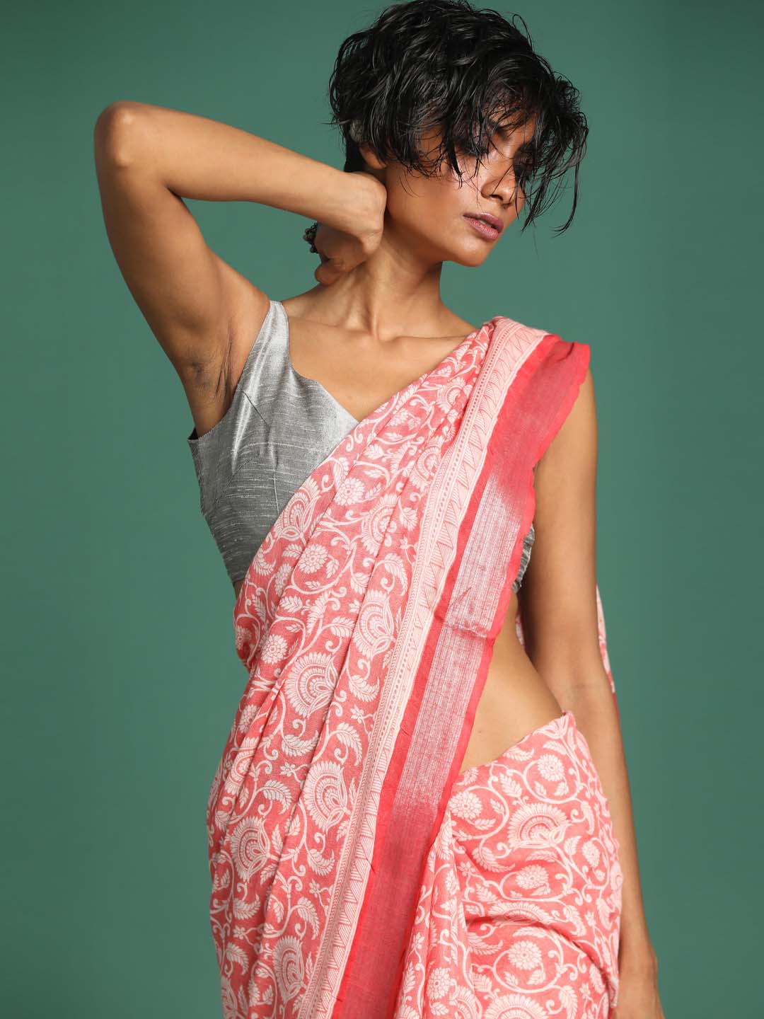 Indethnic Coral Liva Printed Saree - View 1