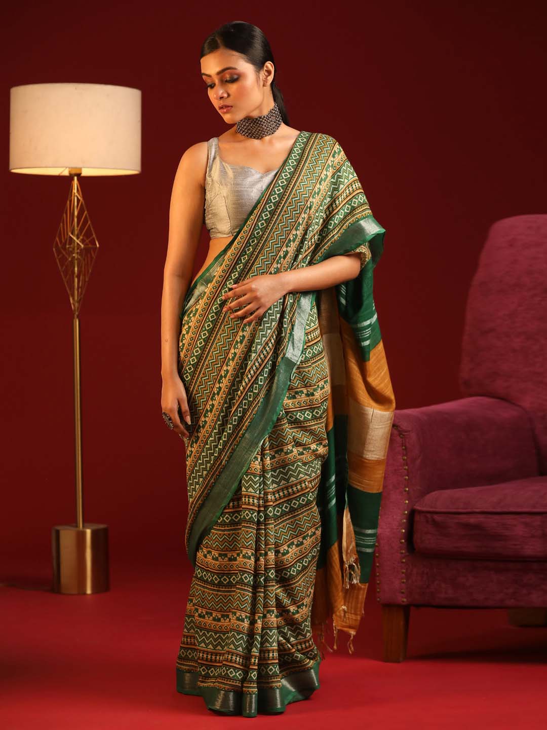 Indethnic Green Liva Printed Saree - View 1