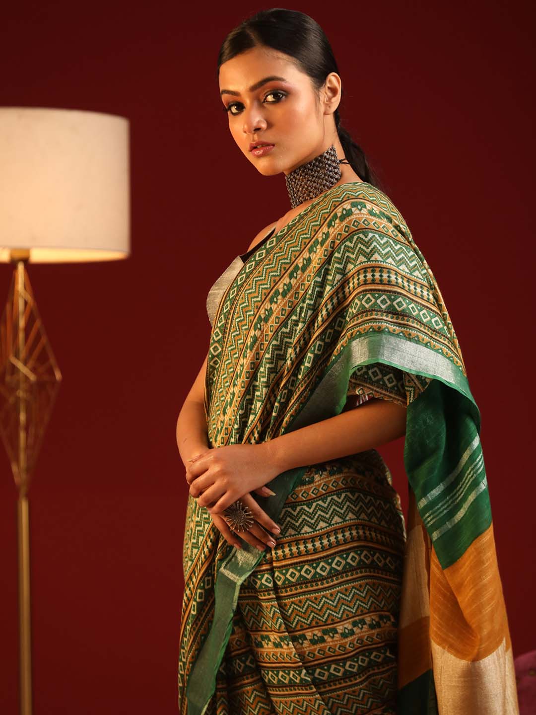 Indethnic Green Liva Printed Saree - View 2