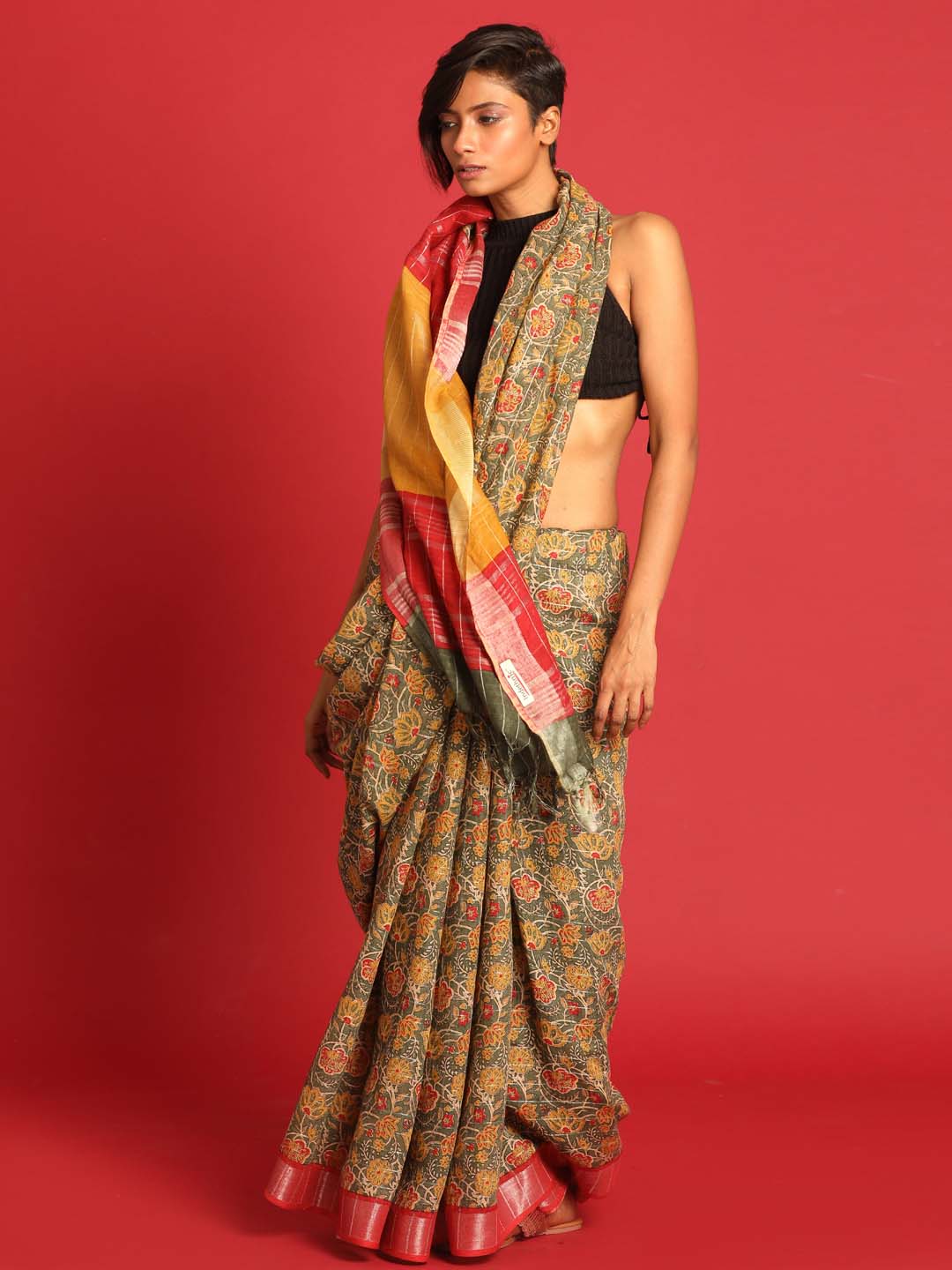 Indethnic Green Liva Printed Saree - View 2