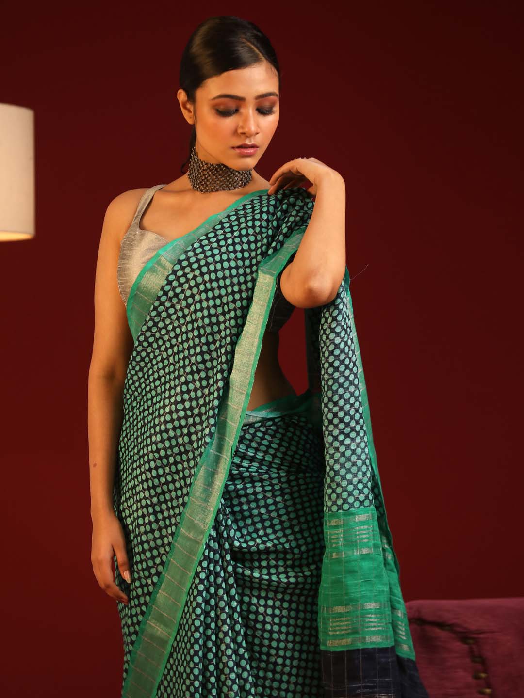 Indethnic Green Liva Printed Saree - View 1