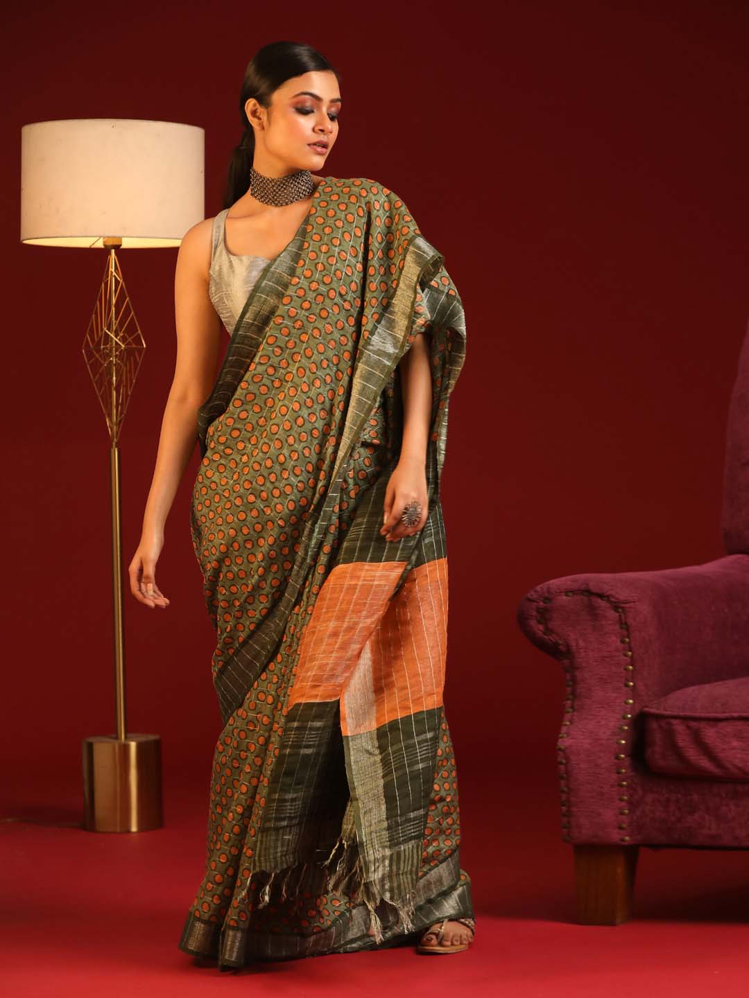 Indethnic Green Liva Printed Saree - View 2