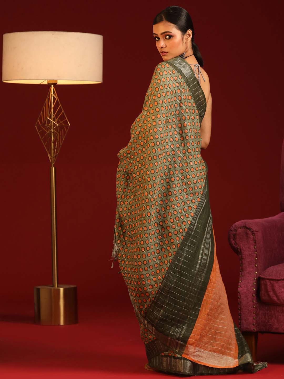 Indethnic Green Liva Printed Saree - View 3