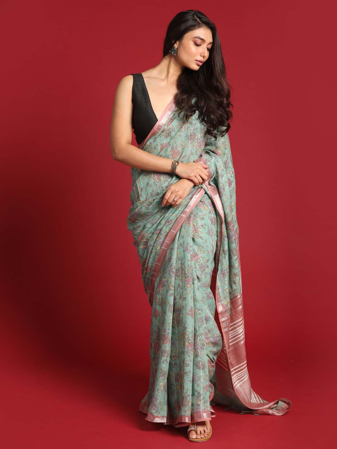 Indethnic Green Liva Printed Saree - View 2