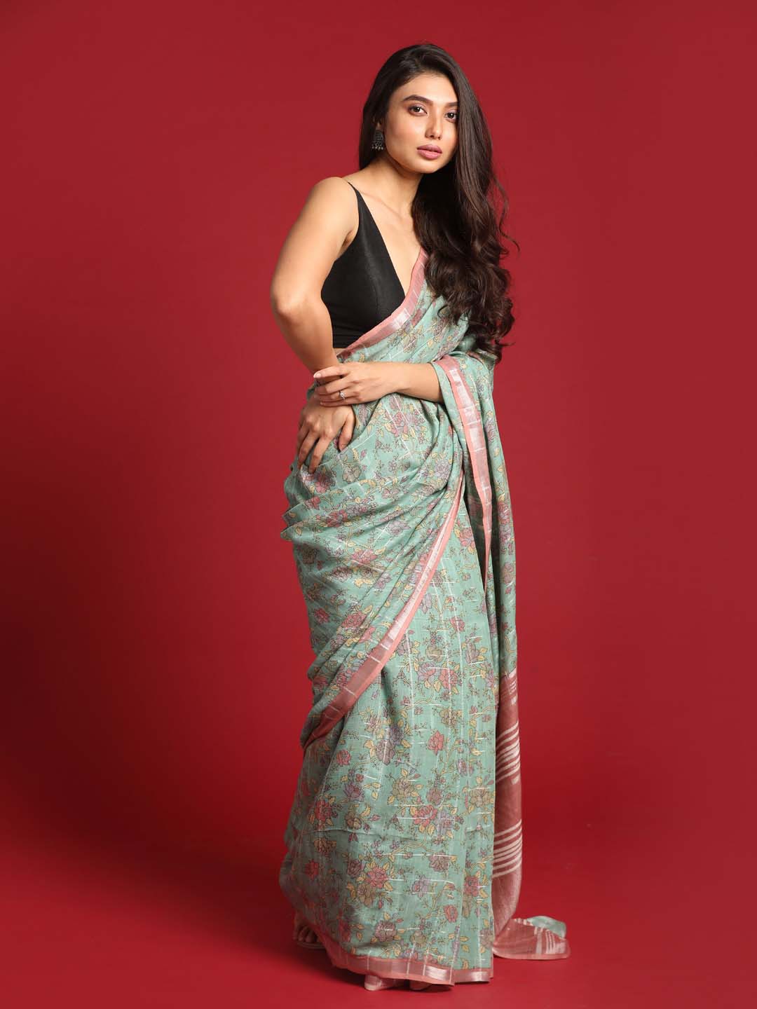 Indethnic Green Liva Printed Saree - View 3