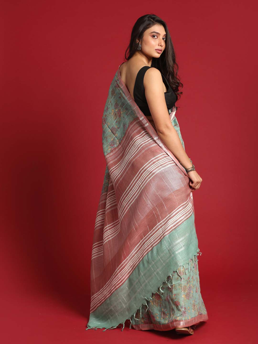 Indethnic Green Liva Printed Saree - View 3