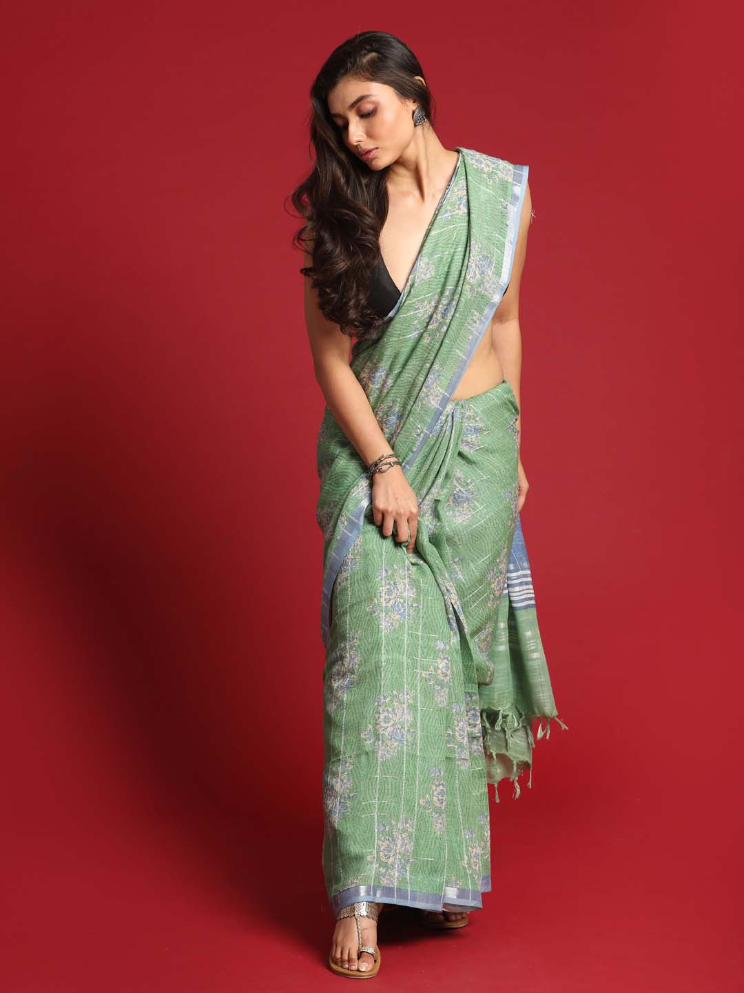 Indethnic Green Liva Printed Saree - View 2