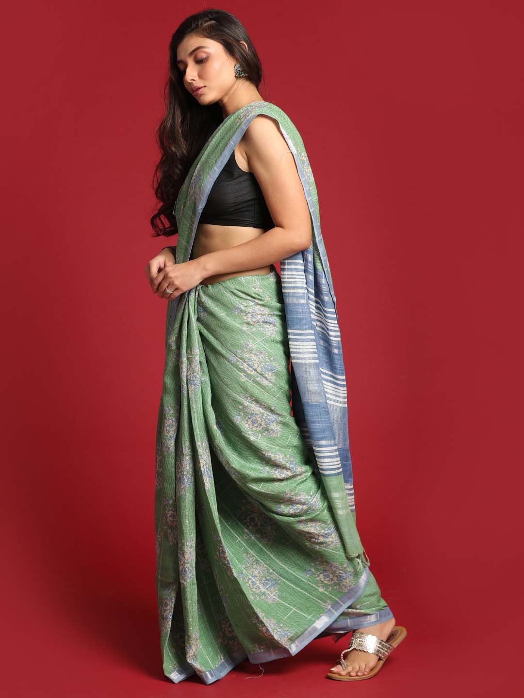 Indethnic Green Liva Printed Saree - View 3