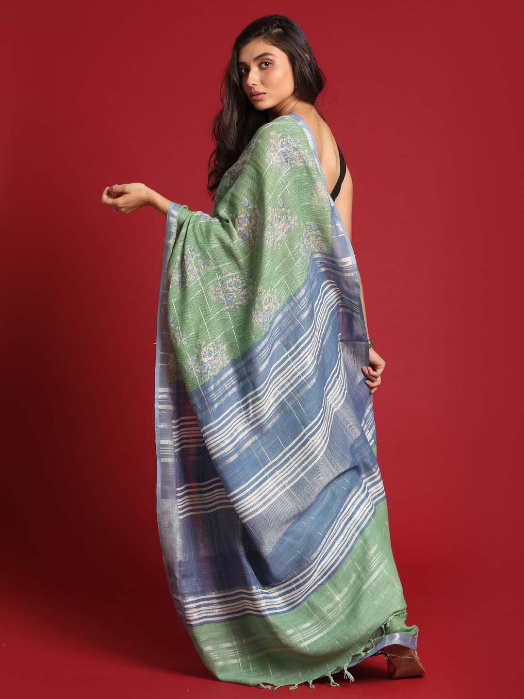 Indethnic Green Liva Printed Saree - View 3