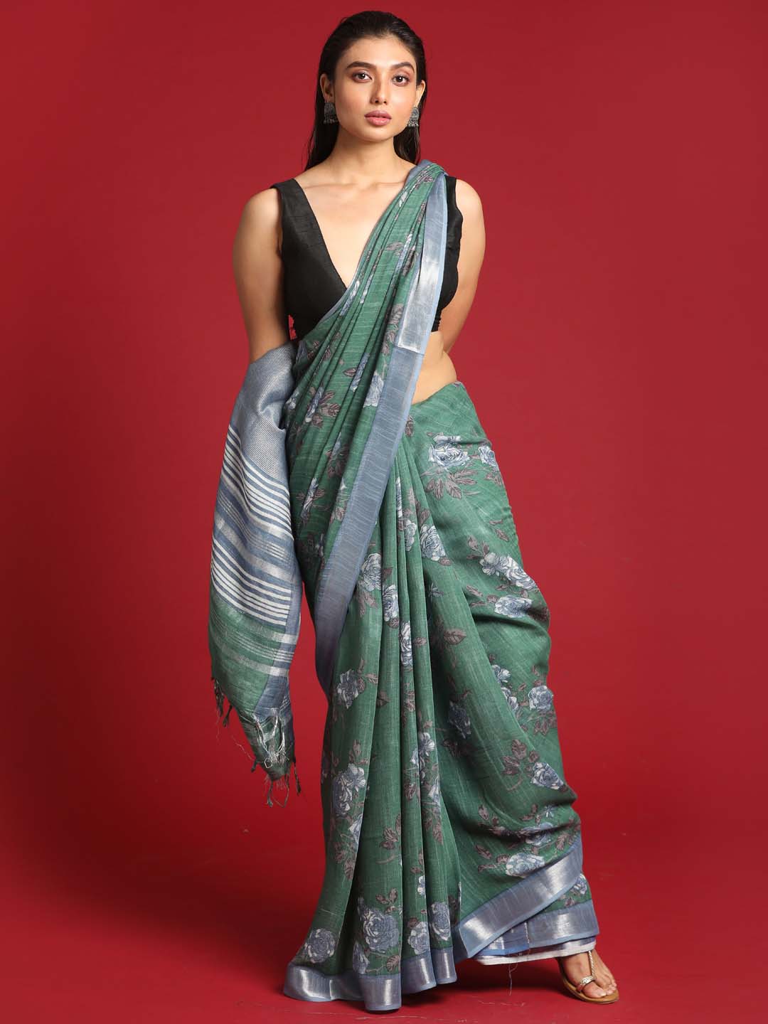 Indethnic Green Liva Printed Saree - View 2