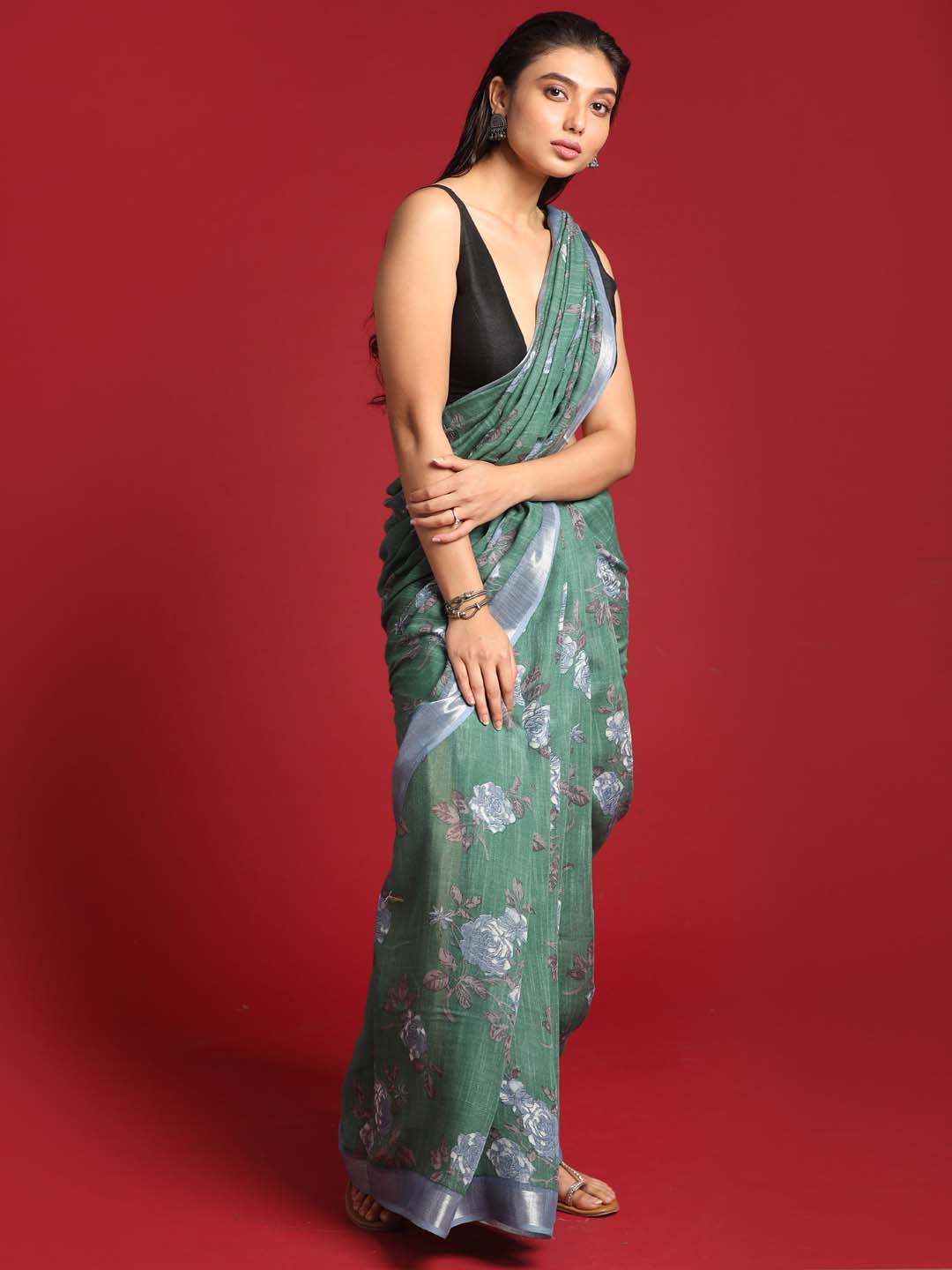 Indethnic Green Liva Printed Saree - View 3