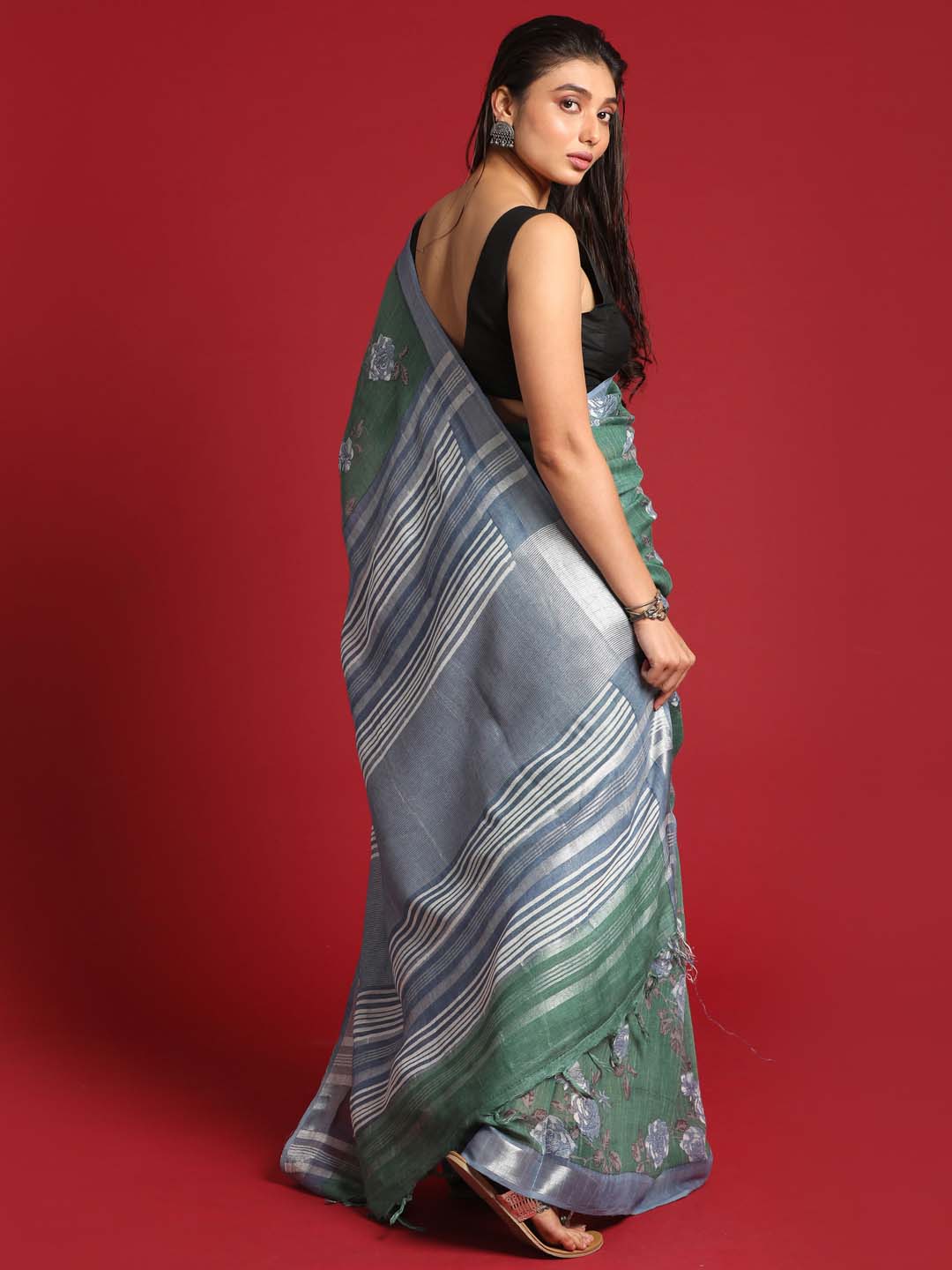 Indethnic Green Liva Printed Saree - View 3