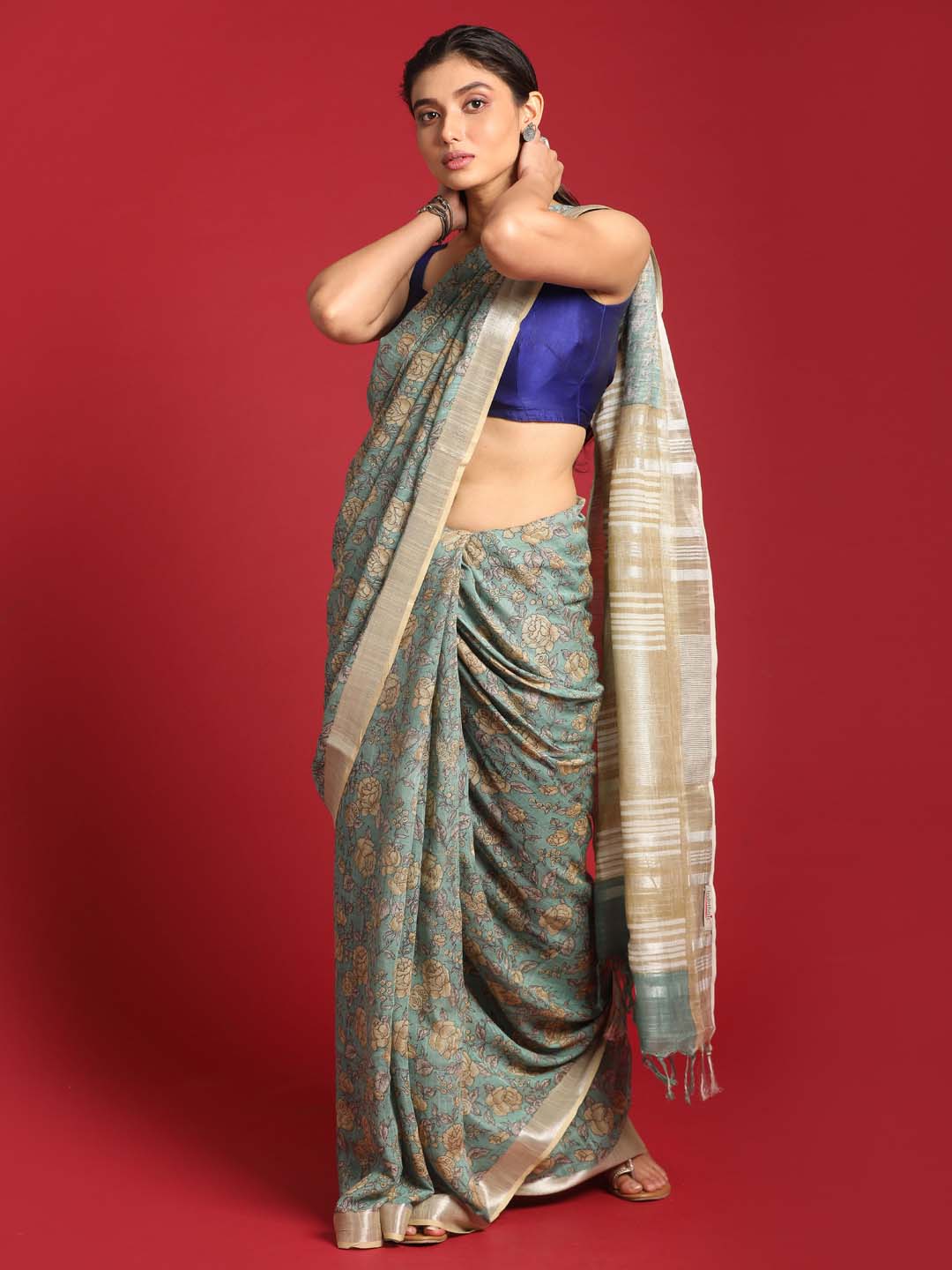 Indethnic Green Liva Printed Saree - View 2