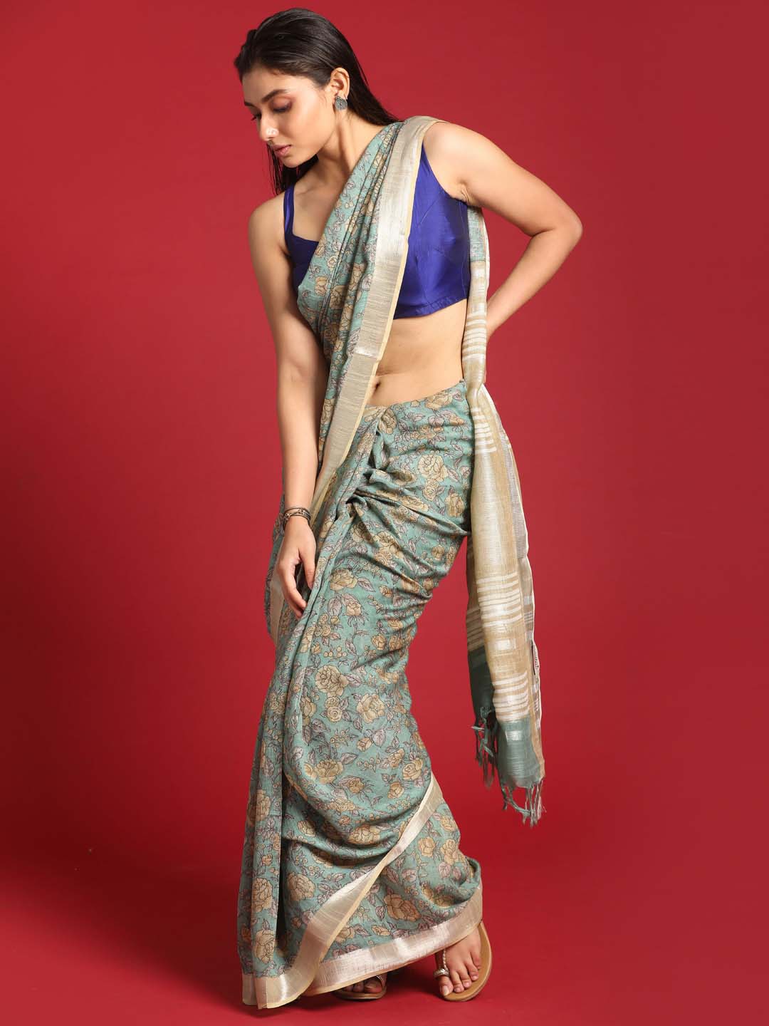 Indethnic Green Liva Printed Saree - View 3