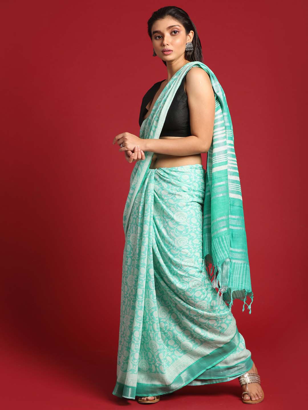 Indethnic Green Liva Printed Saree - View 3
