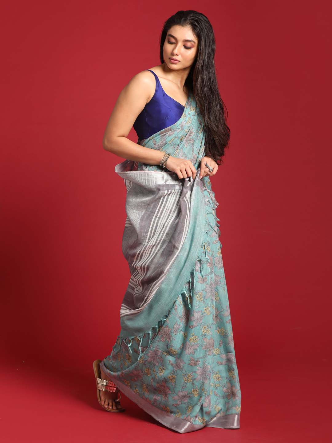 Indethnic Green Liva Printed Saree - View 3