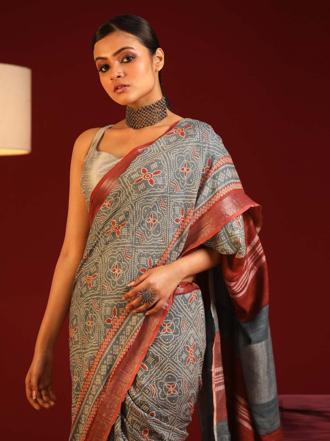 Indethnic Grey Liva Printed Saree - View 1