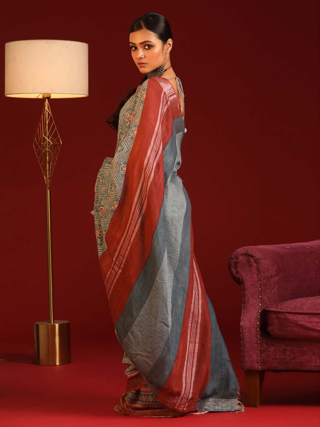 Indethnic Grey Liva Printed Saree - View 3