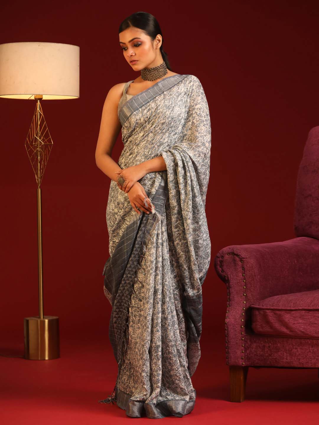 Indethnic Grey Liva Printed Saree - View 2