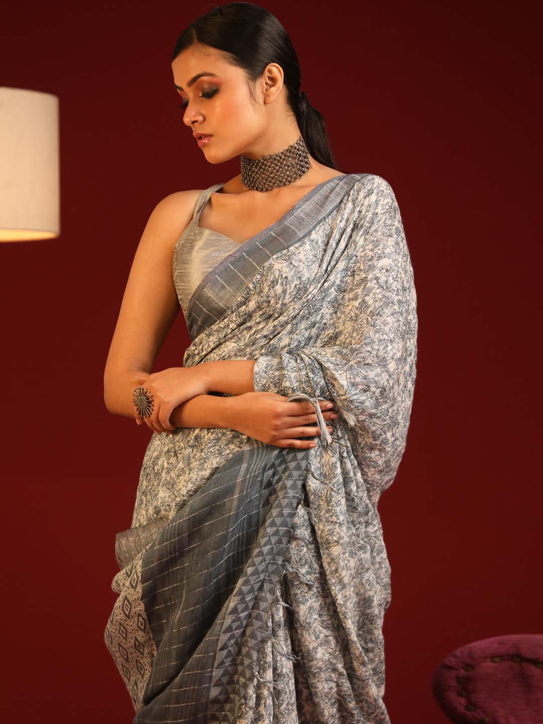 Indethnic Grey Liva Printed Saree - View 1