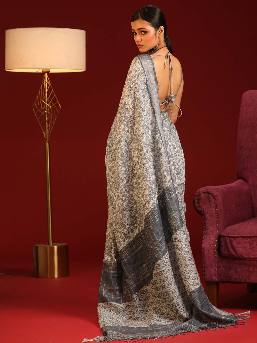 Indethnic Grey Liva Printed Saree - View 3