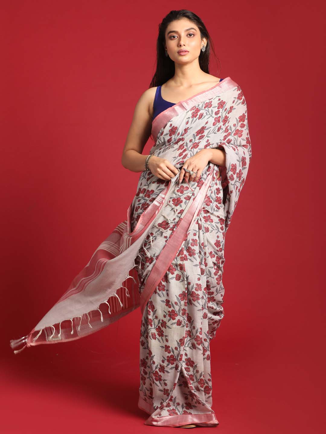 Indethnic Grey Liva Printed Saree - View 2