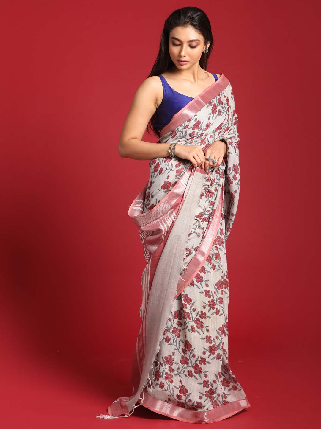 Indethnic Grey Liva Printed Saree - View 3