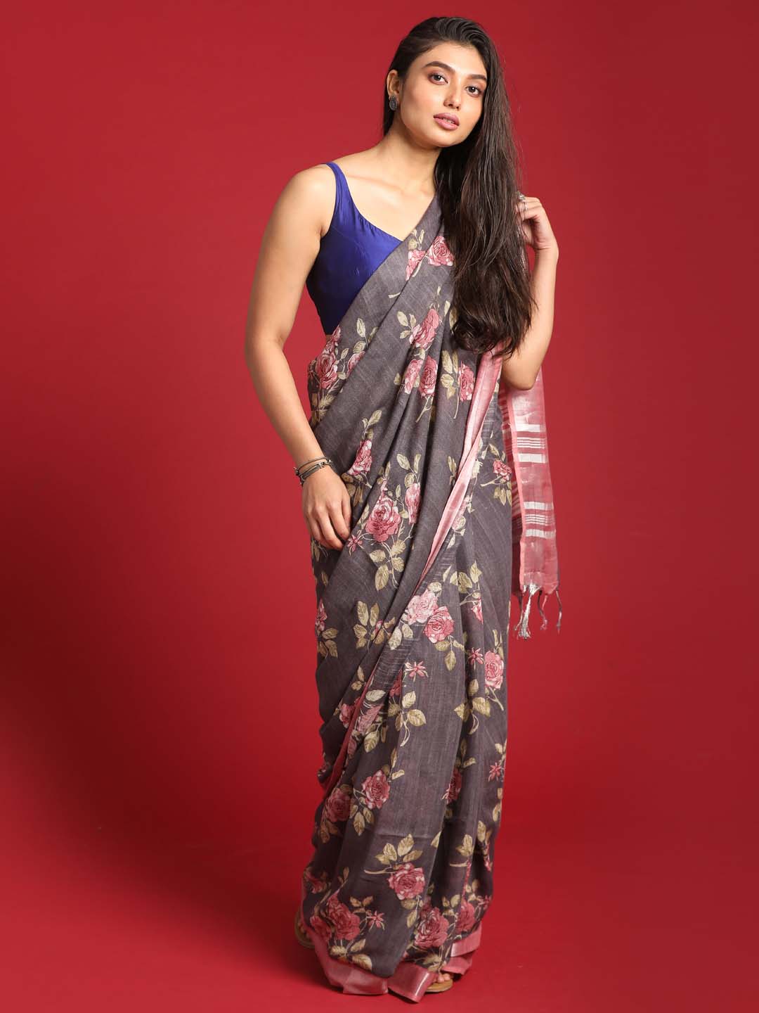 Indethnic Grey Liva Printed Saree - View 2