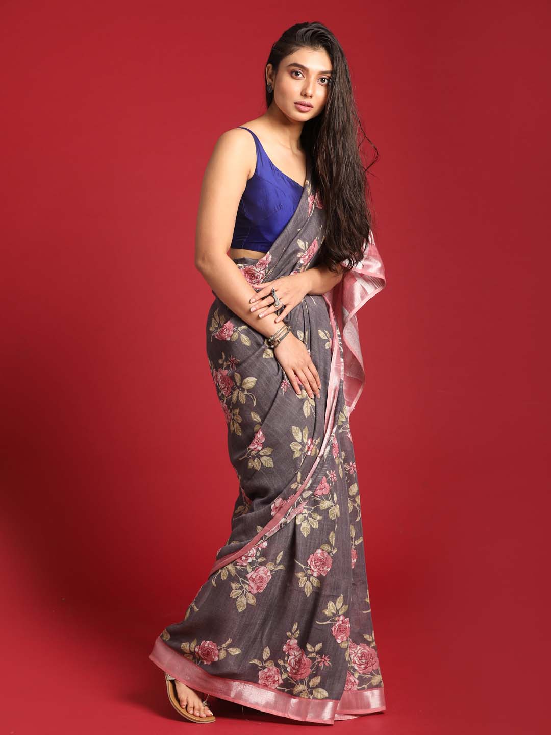 Indethnic Grey Liva Printed Saree - View 3