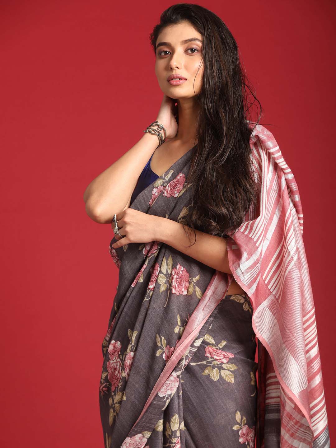 Indethnic Grey Liva Printed Saree - View 1