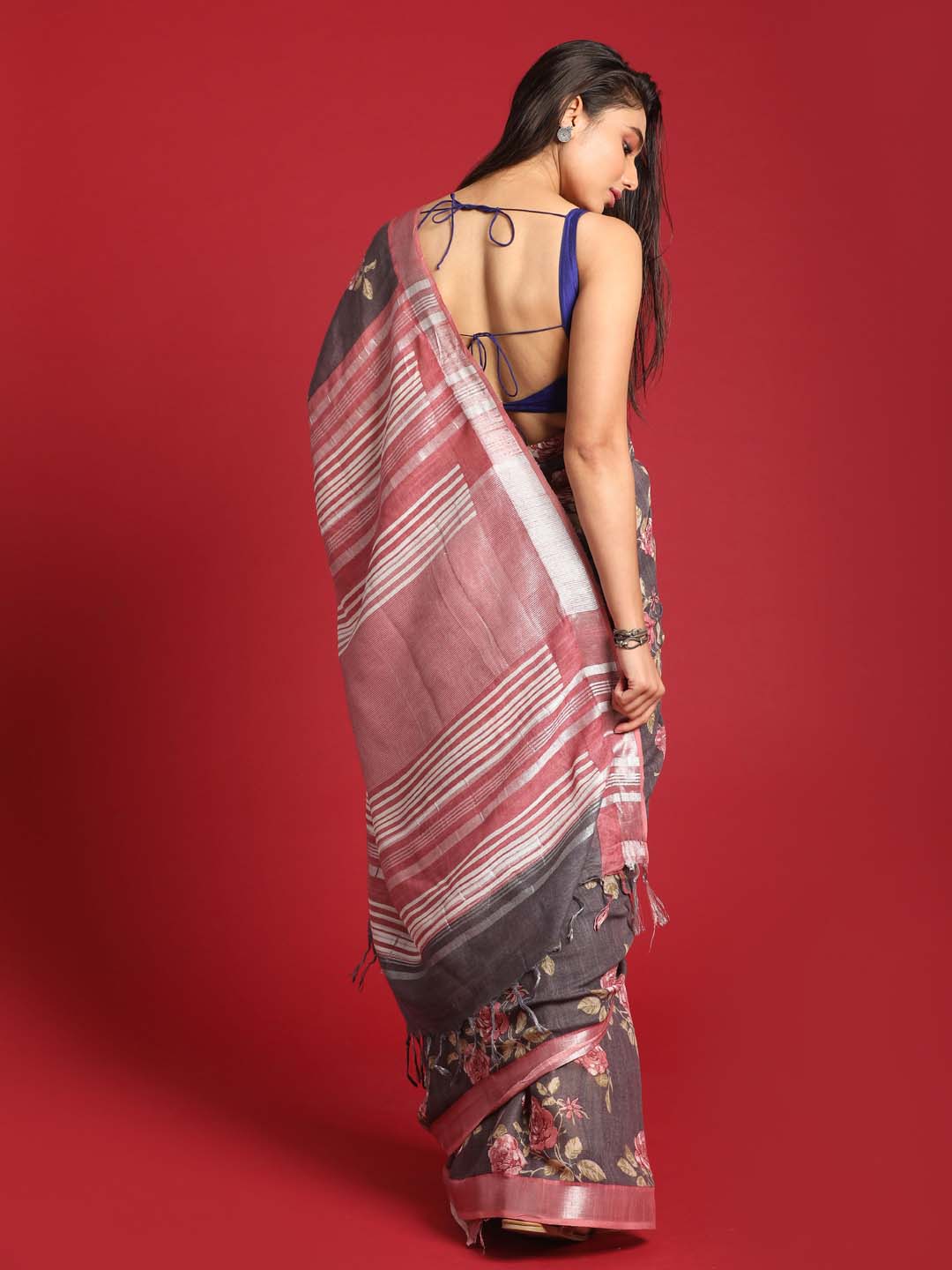 Indethnic Grey Liva Printed Saree - View 3